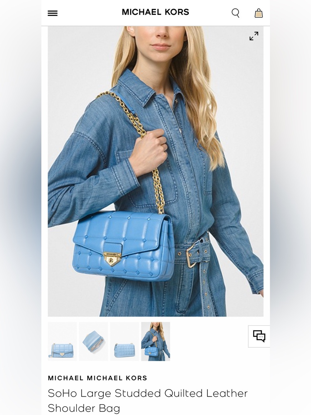 MICHAEL Michael Kors Blue Quilted Studded SoHo Shoulder Bag with Gold Chain